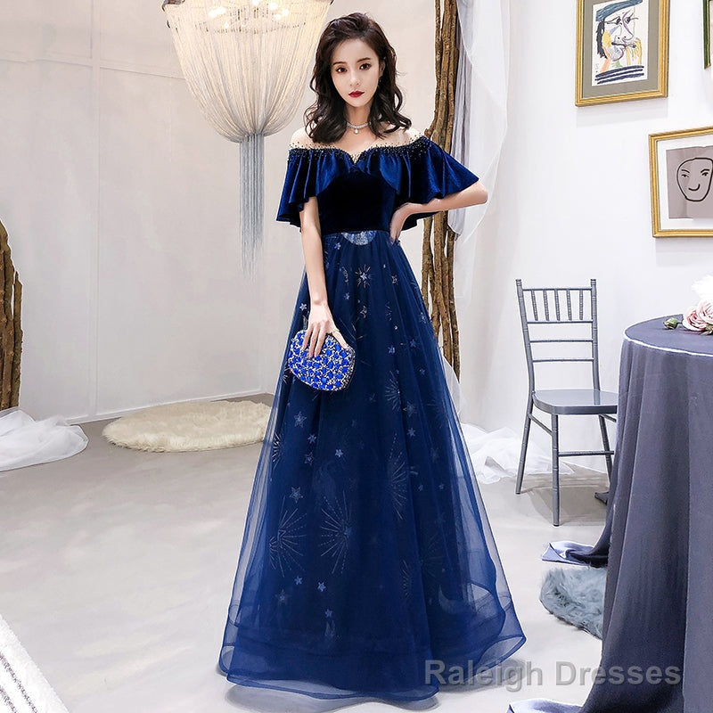 Blue Tulle Long Beaded  Party Dress, Blue Velvet Top Prom Dress Evening Gown
