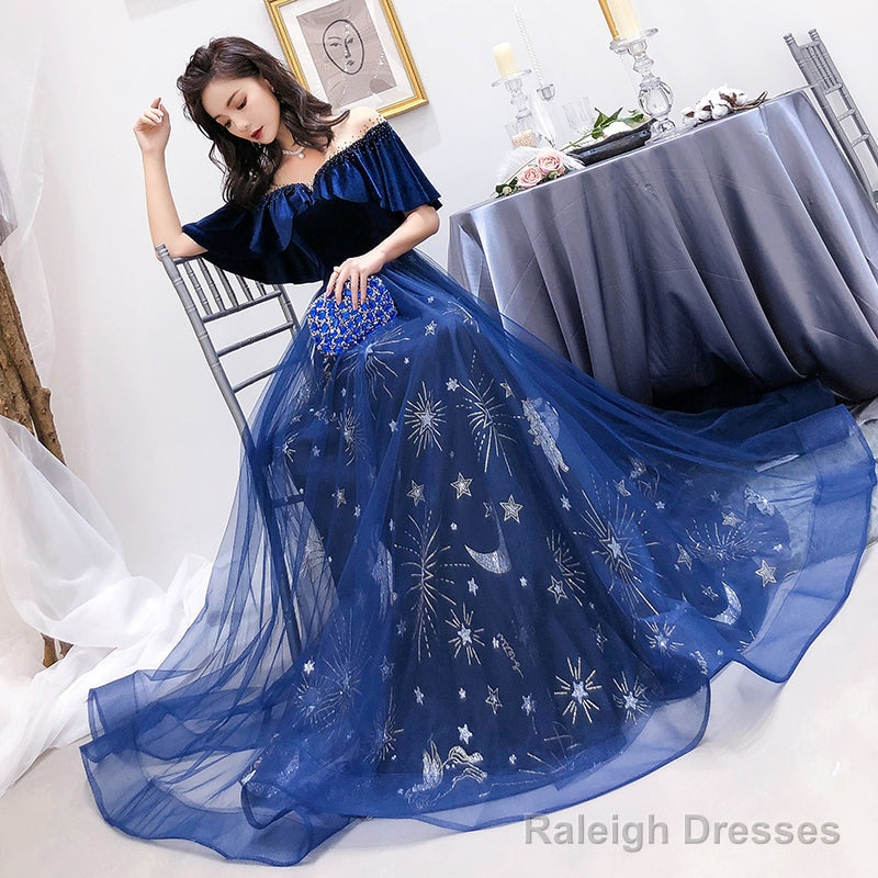 Blue Tulle Long Beaded  Party Dress, Blue Velvet Top Prom Dress Evening Gown