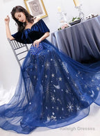 Blue Tulle Long Beaded  Party Dress, Blue Velvet Top Prom Dress Evening Gown