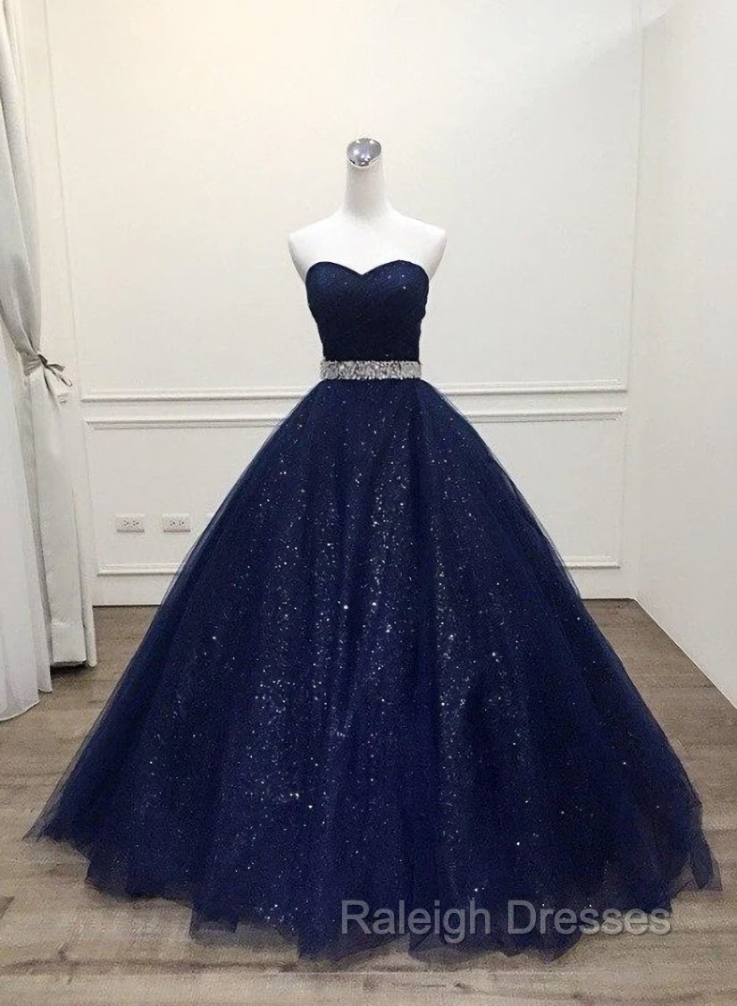 Blue Tulle Long Evening Gown Party Dress, Navy Blue Sweet 16 Gown Main image