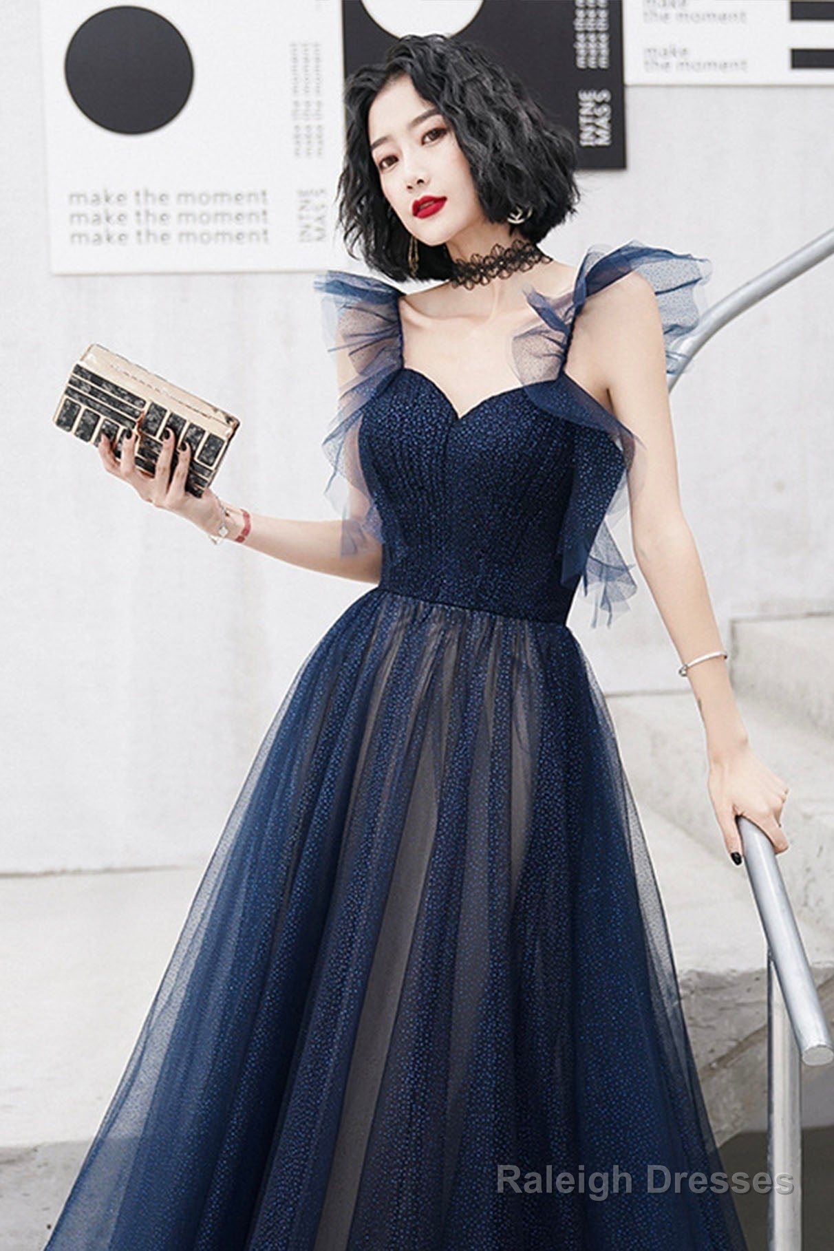 Blue Tulle Long Floor Length Prom Dress, A-Line Evening Dress