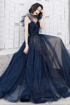 Blue Tulle Long Floor Length Prom Dress, A-Line Evening Dress