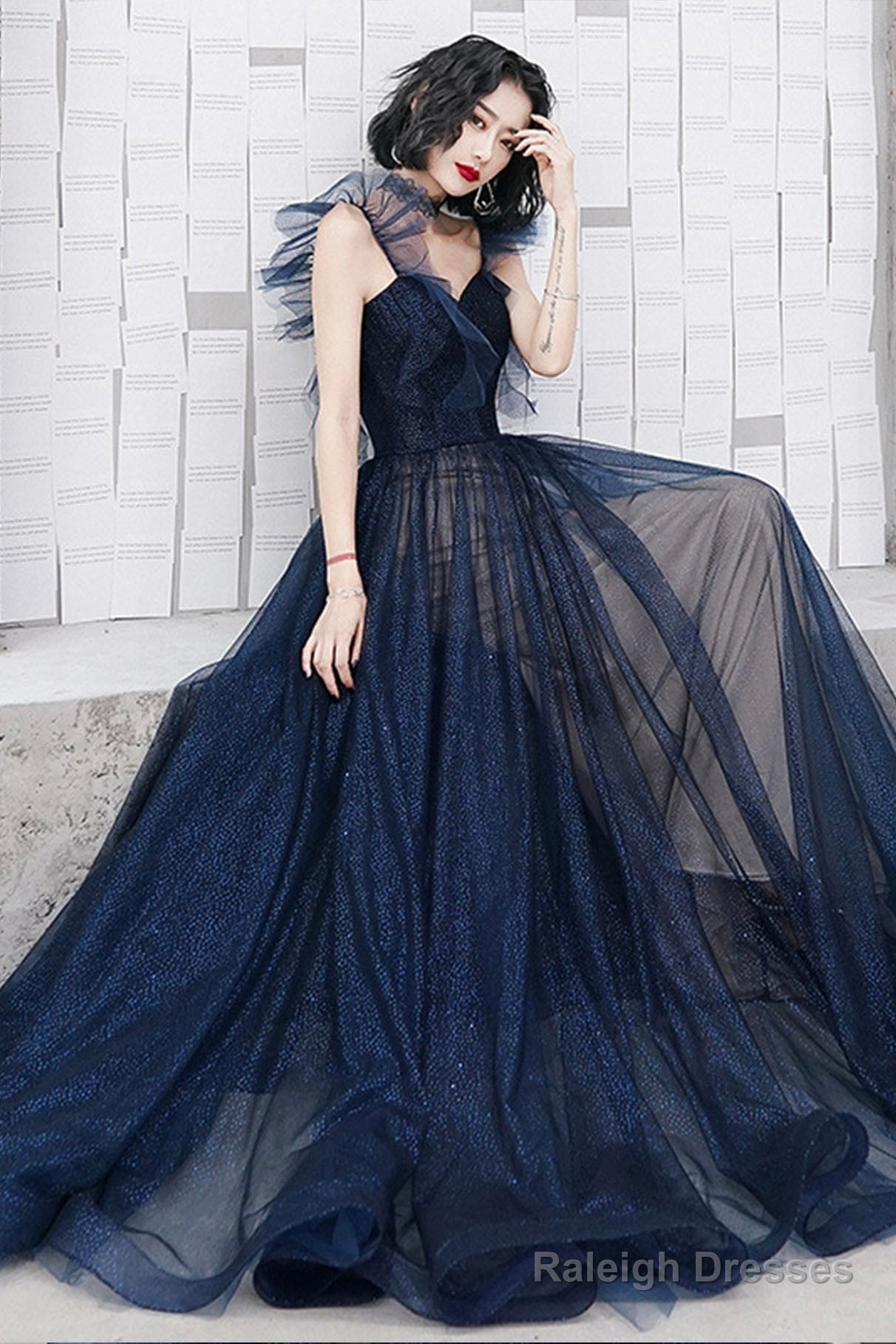 Blue Tulle Long Floor Length Prom Dress, A-Line Evening Dress