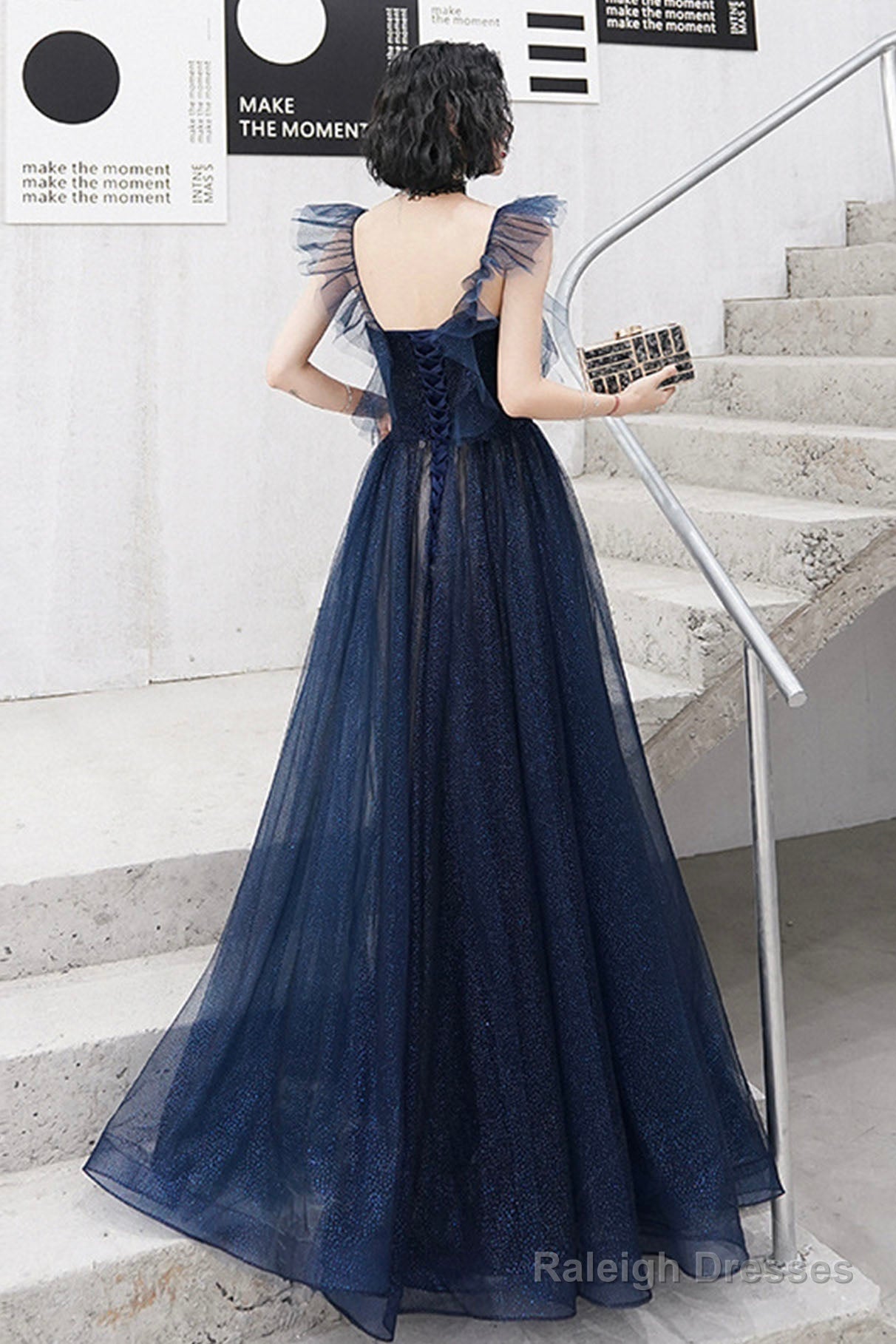 Blue Tulle Long Floor Length Prom Dress, A-Line Evening Dress