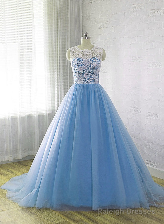 Blue Tulle Long Lace Prom Dress, Charming Ball Gown Party Gowns, Prom Dress Main image