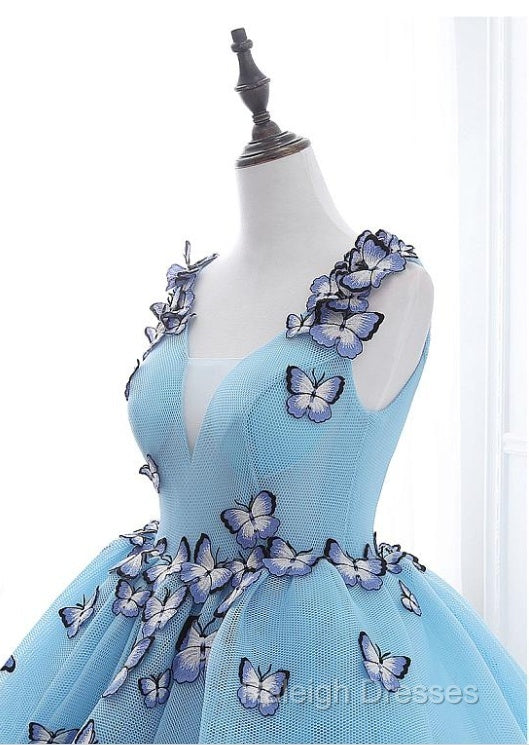 Blue Tulle Long Party Dress With Butterfly, Gorgeous Sweet 16 Dresses