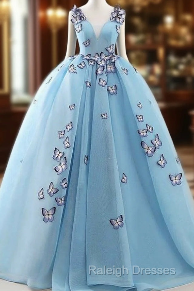 Blue Tulle Long Party Dress With Butterfly, Gorgeous Sweet 16 Dresses Main image