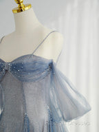 Blue Tulle Long Prom Dress, A-Line Off The Shoulder Blue Evening Party Dress