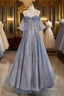 Blue Tulle Long Prom Dress, A-Line Off The Shoulder Blue Evening Party Dress