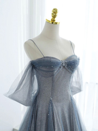Blue Tulle Prom Dresses Long A-Line Off The Shoulder Prom Dresses