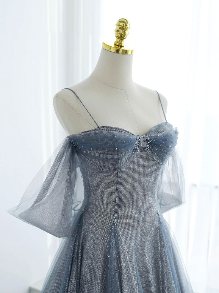 Blue Tulle Prom Dresses Long A-Line Off The Shoulder Prom Dresses