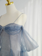 Blue Tulle Prom Dresses Long A-Line Off The Shoulder Prom Dresses