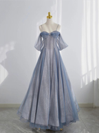 Blue Tulle Prom Dresses Long A-Line Off The Shoulder Prom Dresses