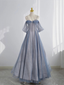 Blue Tulle Prom Dresses Long A-Line Off The Shoulder Prom Dresses