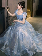 Blue Tulle Long Prom Dress, Beautiful A-Line Evening Party Dress