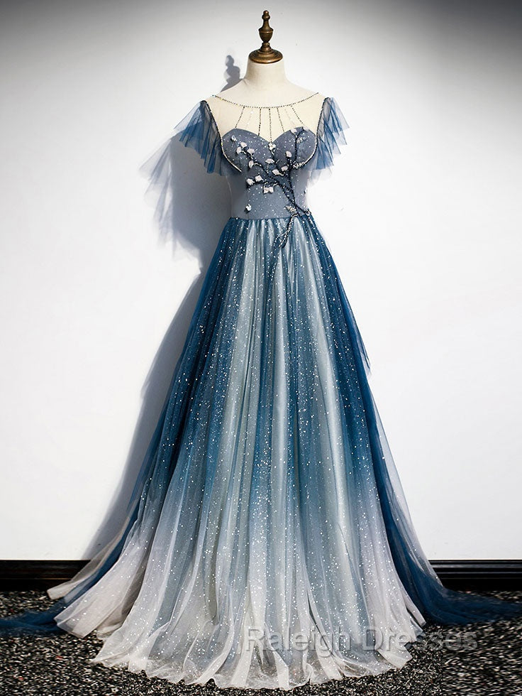 Blue Tulle Long Prom Dress, Blue Beads Long Evening Dress
