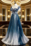 Blue Tulle Long Prom Dress, Blue Beads Long Evening Dress