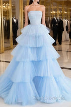 Blue Tulle Long Prom Dress, Blue Tulle Ball Gown Evening Dresses