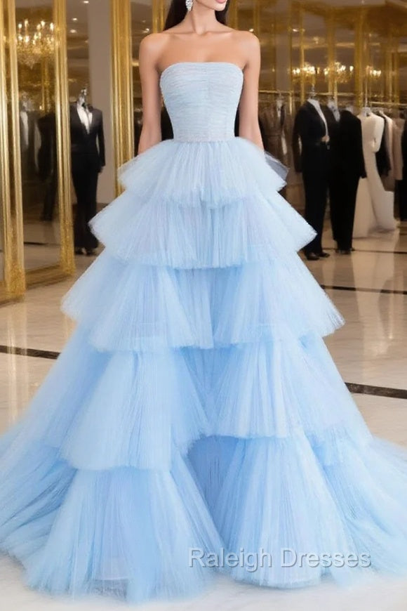 Blue Tulle Long Prom Dress, Blue Tulle Ball Gown Evening Dresses
