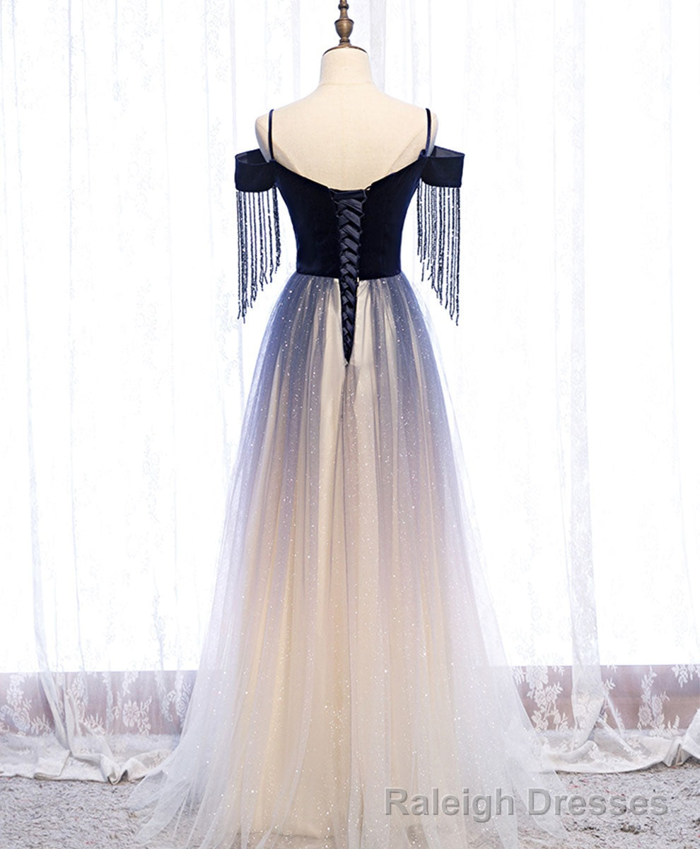 Blue Tulle Long Prom Dress Blue Tulle Formal Dress with Beading Velvet Secondary image