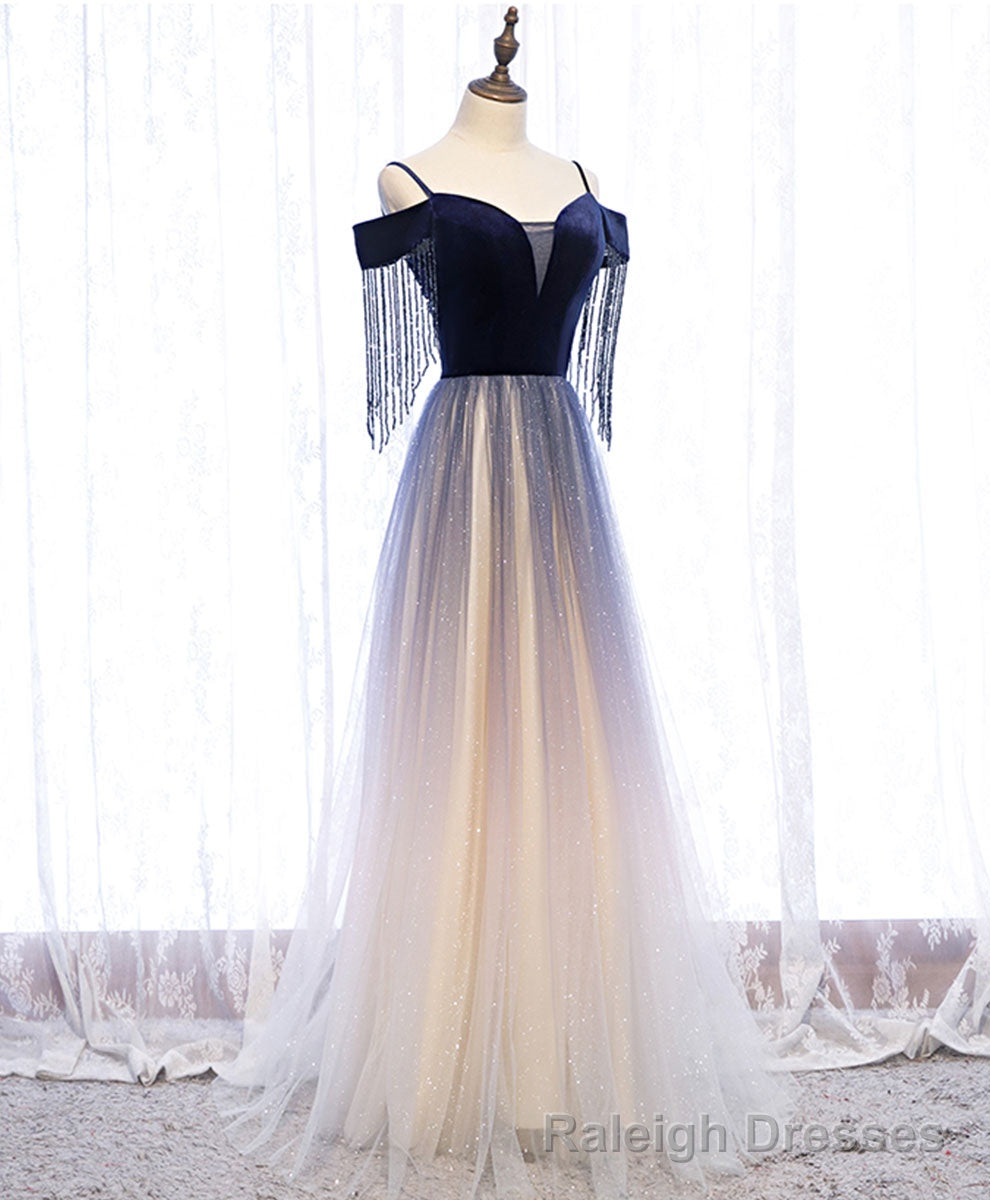 Blue Tulle Long Prom Dress Blue Tulle Formal Dress with Beading Velvet Main image