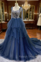 Blue Tulle Long Prom Dress, Blue Tulle Long Evening Dress