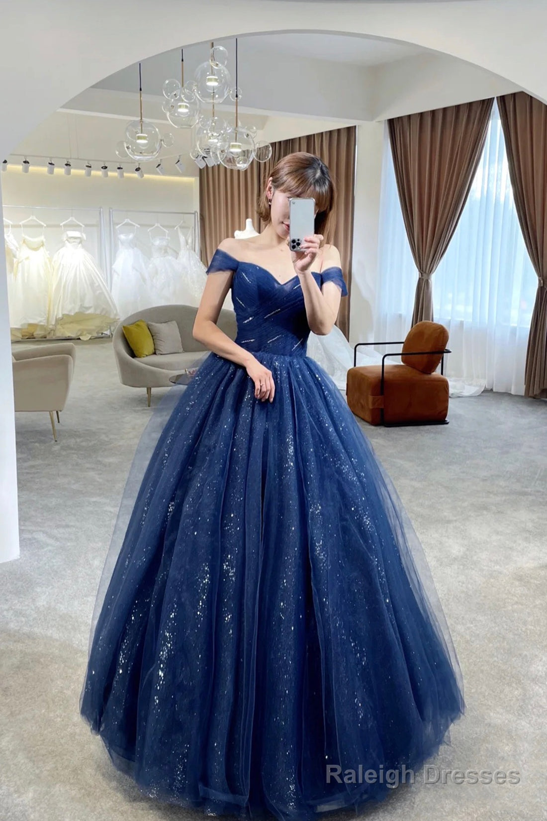 Blue Tulle Long Prom Dress, Off The Shoulder Evening Party Dress Main image
