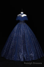 Blue Tulle Long Prom Dress with Sequins, A-Line Blue Formal Dress