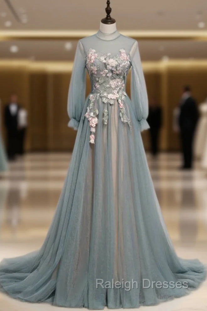 Blue Tulle Long Sleeve Appliques High Neck Prom Dress Main image