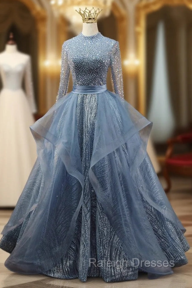 Blue Tulle Long Sleeve Backless Beading Prom Dress Main image