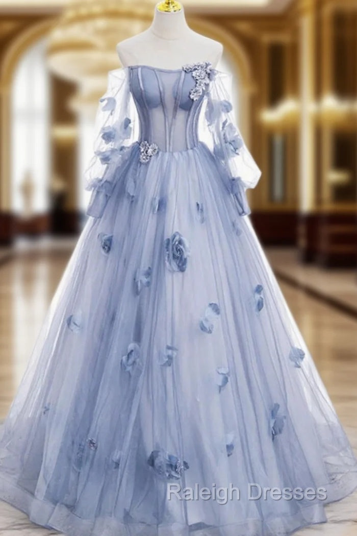 Blue Tulle Long Sleeve Flower Prom Dress