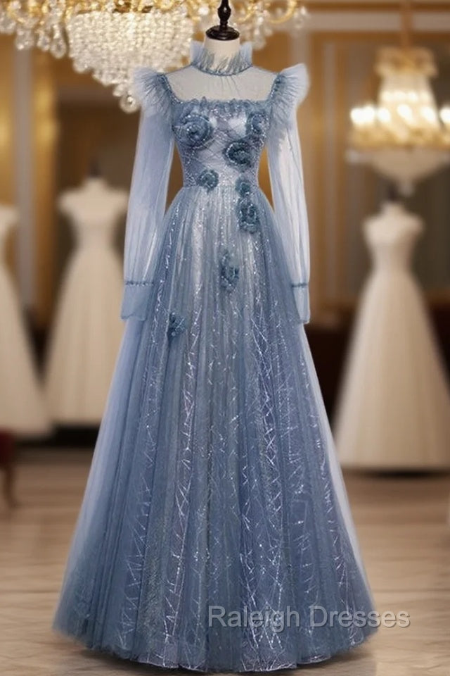 Blue Tulle Long Sleeve High Neck Backless Prom Dress Main image
