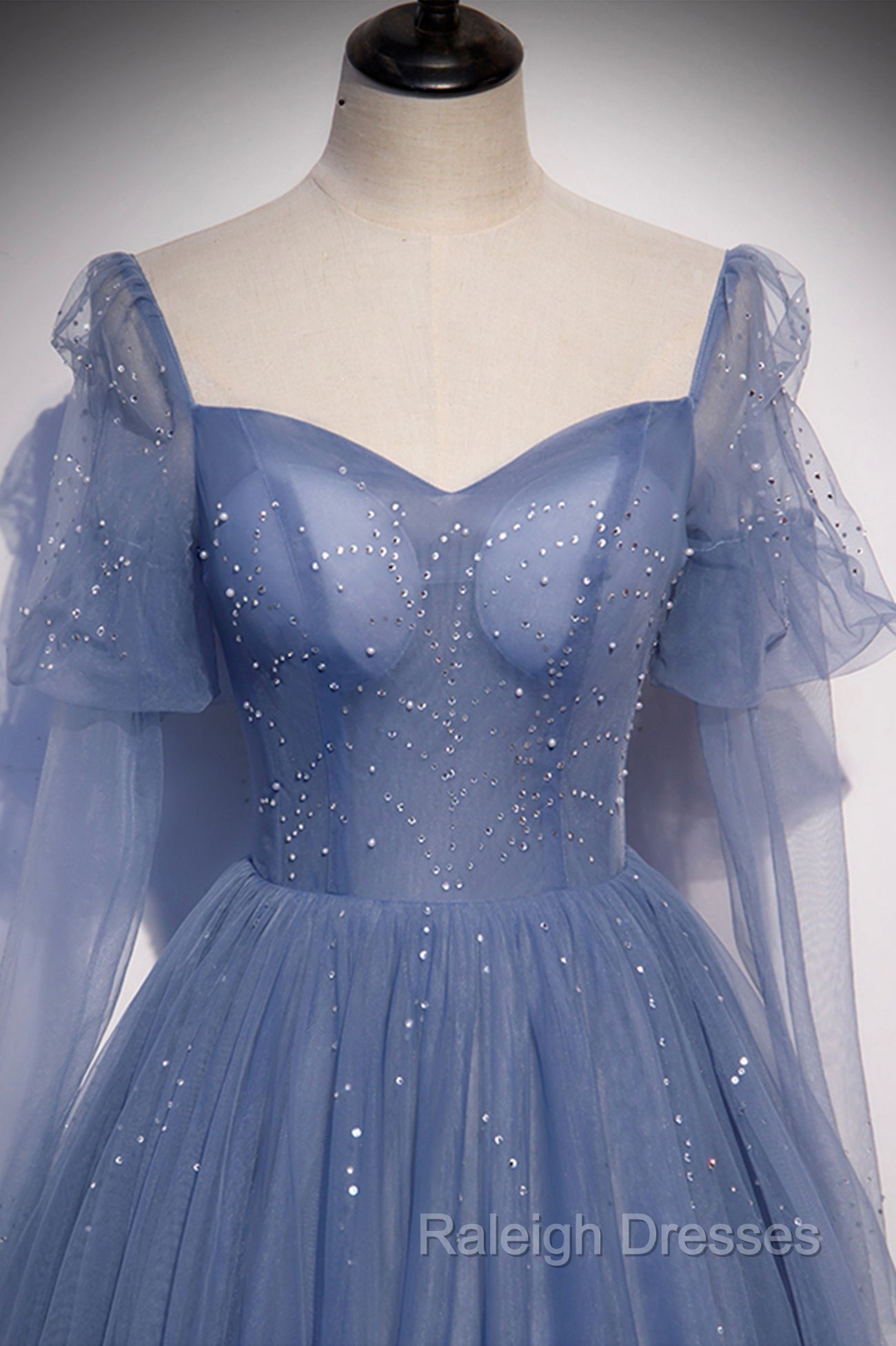 Blue Tulle Long Sleeve Prom Dress, A-Line Blue Evening Party Dress Secondary image