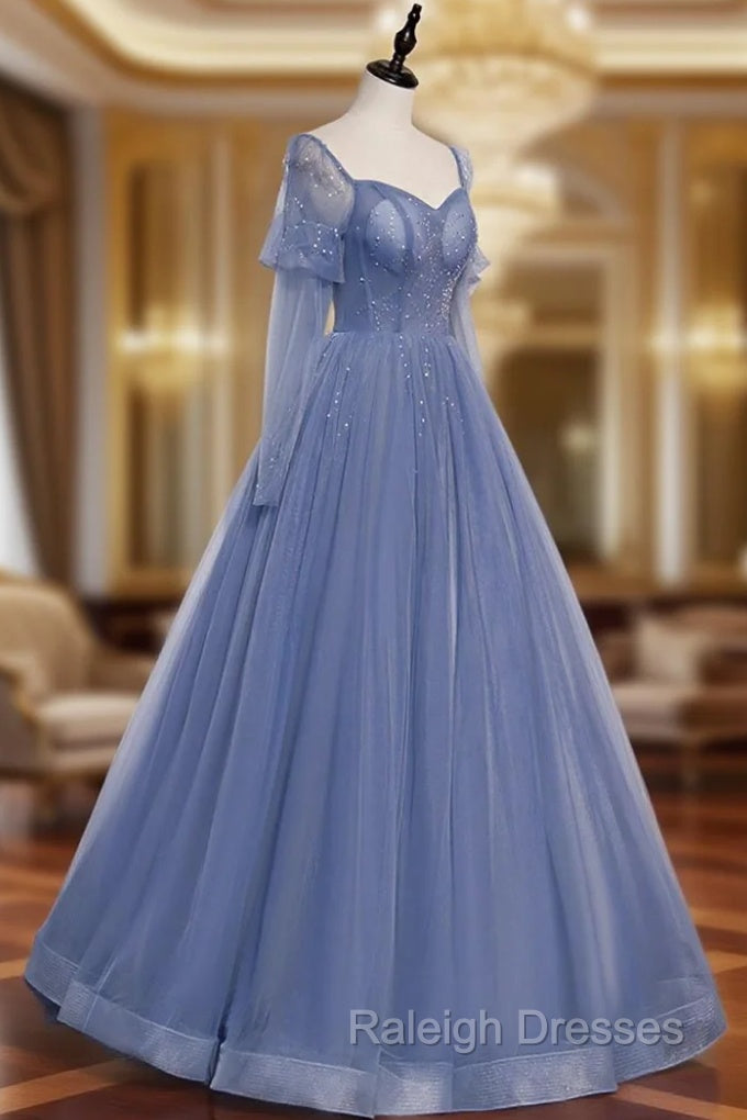 Blue Tulle Long Sleeve Prom Dress, A-Line Blue Evening Party Dress Main image
