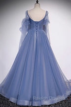Blue Tulle Long Sleeve Prom Dress, A-Line Blue Evening Party Dress