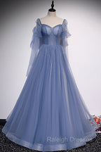 Blue Tulle Long Sleeve Prom Dress, A-Line Blue Evening Party Dress