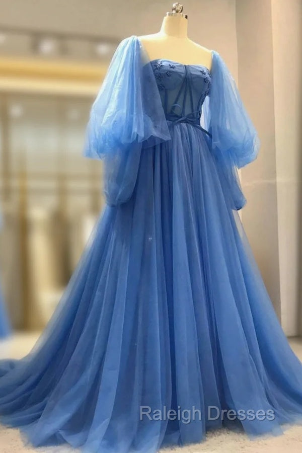 Blue Tulle Long Sleeve Prom Dress, A Line Tulle Formal Prom Dress
