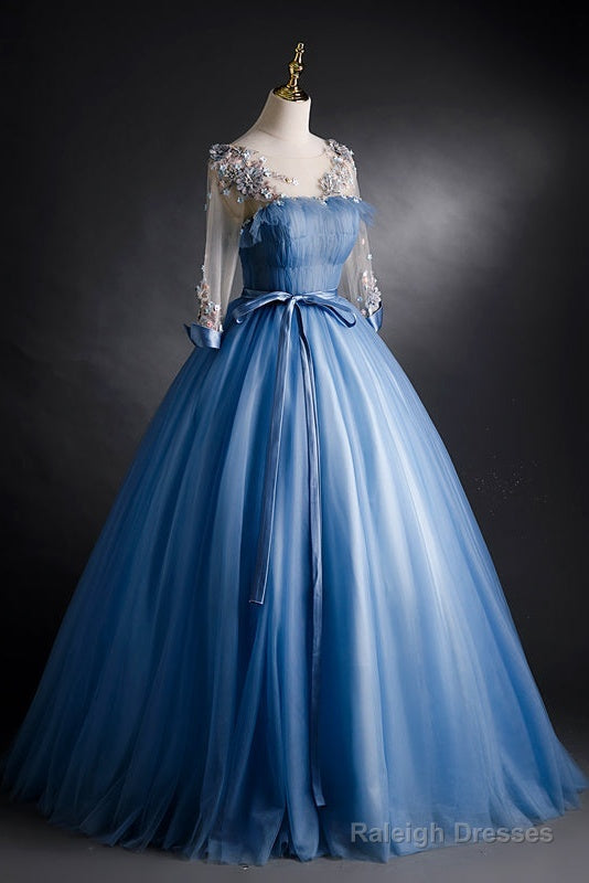 Blue Tulle Long Sleeves Formal Dress With Flower Lace Applique, Blue Sweet 16 Gown Secondary image