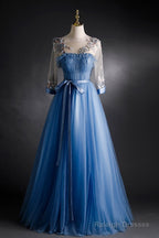 Blue Tulle Long Sleeves Prom Dresses With Flower Lace Applique Blue Sweet 16 Gowns