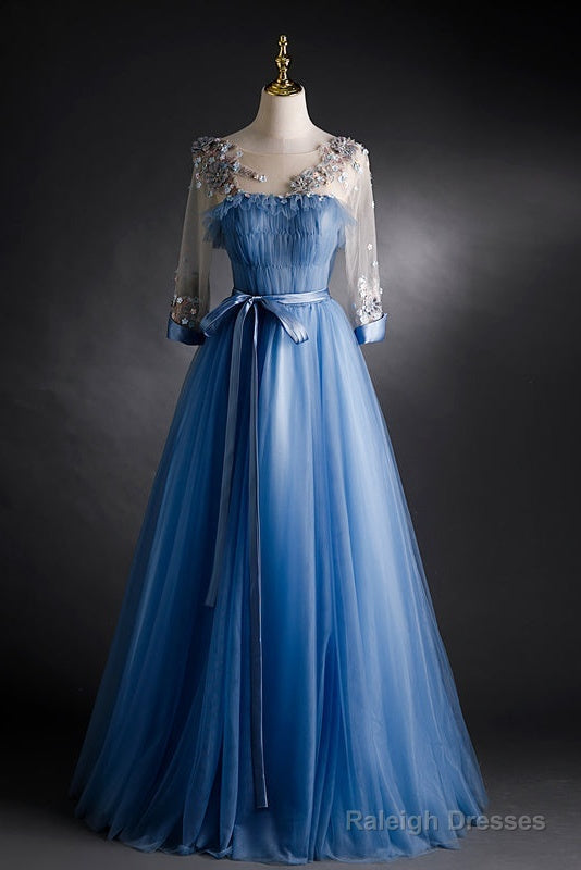Blue Tulle Long Sleeves Prom Dresses With Flower Lace Applique Blue Sweet 16 Gowns