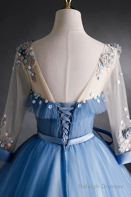 Blue Tulle Long Sleeves Prom Dresses With Flower Lace Applique Blue Sweet 16 Gowns