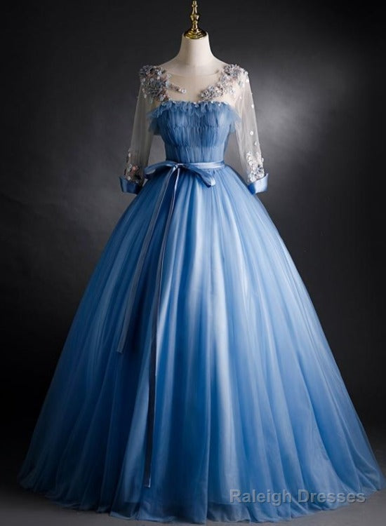 Blue Tulle Long Sleeves Formal Dress With Flower Lace Applique, Blue Sweet 16 Gown Main image