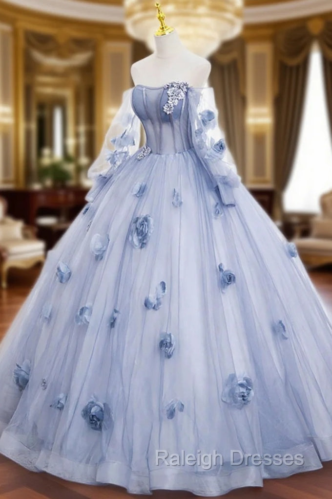 Blue Tulle Long Sleeves Formal Dress with Flowers, Blue A-Line Prom Dress Main image
