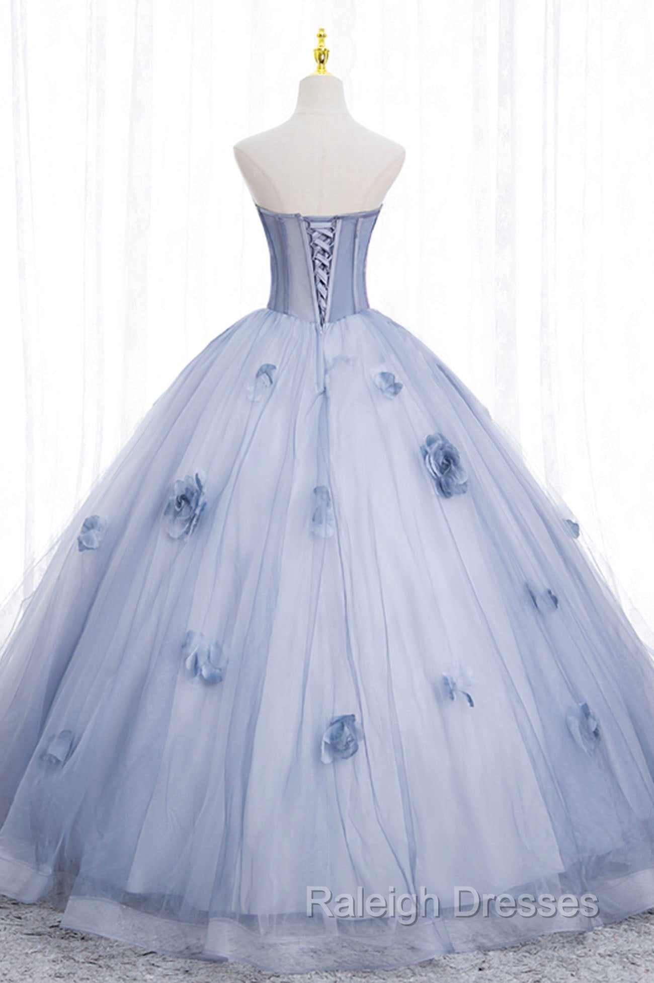 Blue Tulle Long Sleeves Formal Dress with Flowers, Blue A-Line Prom Dress