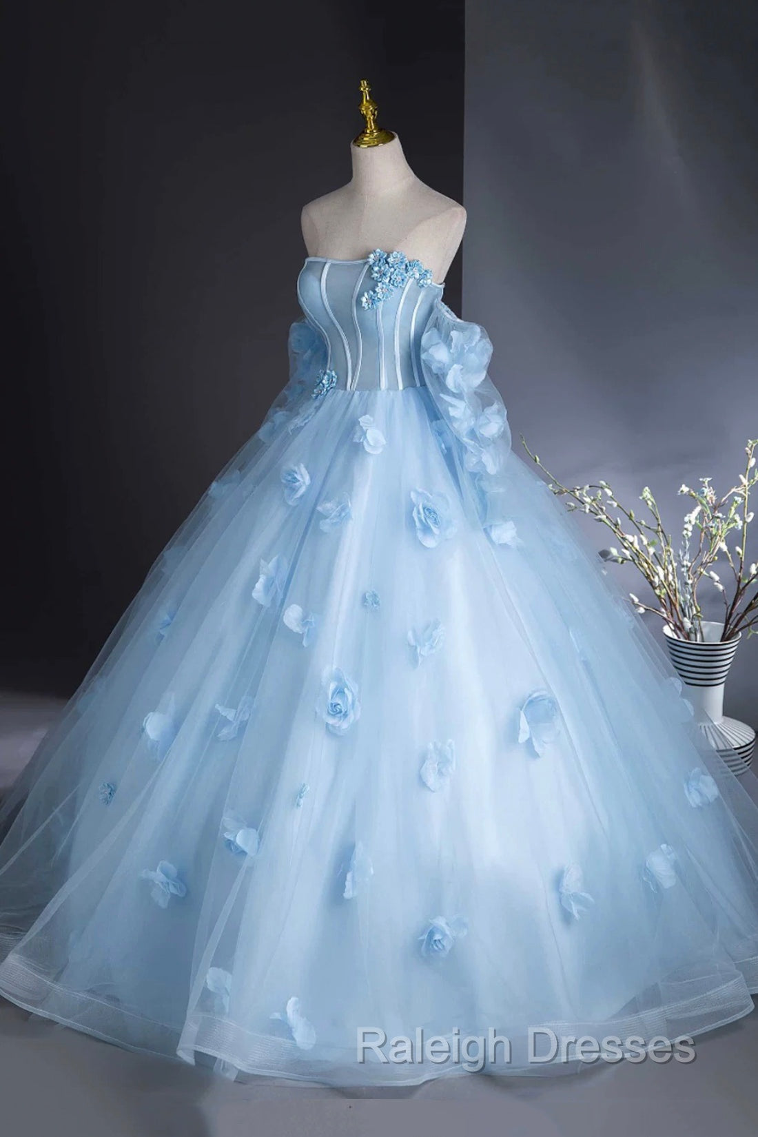 Blue Tulle Long Sleeves Formal Dress with Flowers, Blue A-Line Prom Party Dress