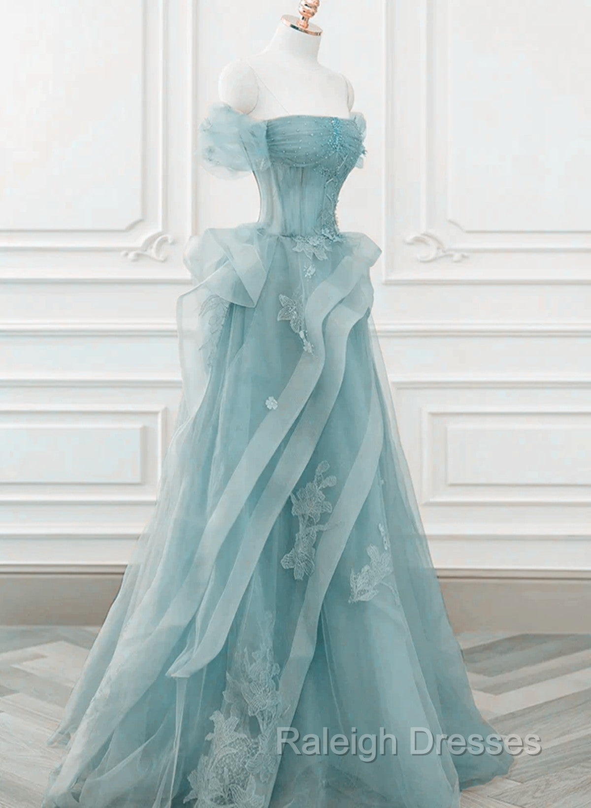 Blue Tulle Off Shoulder Beaded Lace Long Prom Dress, Blue Formal Dress Secondary image