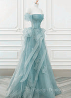 Blue Tulle Off Shoulder Beaded Lace Long Prom Dress, Blue Formal Dress