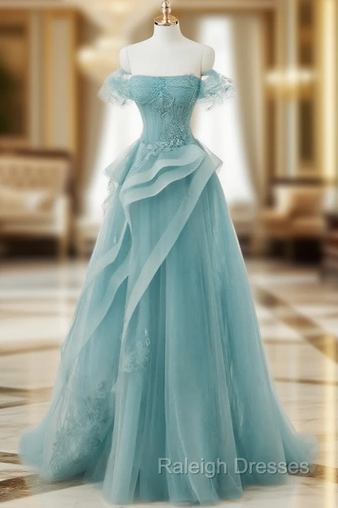 Blue Tulle Off Shoulder Beaded Lace Long Prom Dresses Blue Prom Dresses