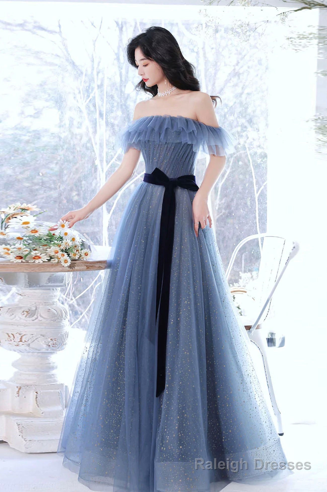 Blue Tulle Off Shoulder Long Formal Dress With Bow, A-Line Evening Gown Main image