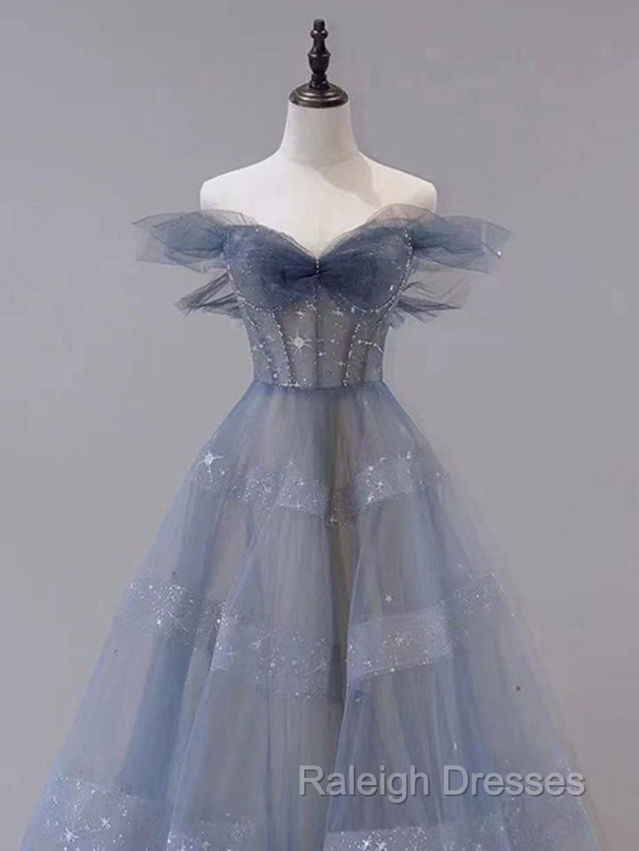 Blue Tulle Off Shoulder Long Prom dress, Blue A line Evening Dress